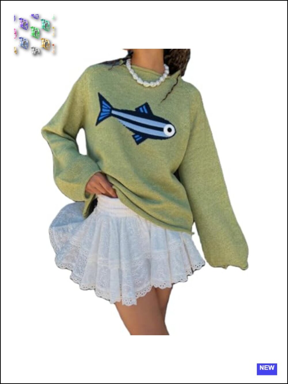 Rib Knit Fish Graphic Oversized Crew Neck Sweater - Soft Knit Y2K